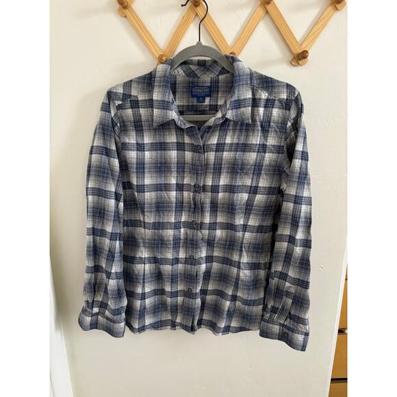 Pendleton Top Women's XL Petite Flanner Blue Gray Long Sleeve Button Up - Picture 2 of 6